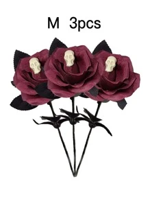 玫瑰紅萬聖節骷髏玫瑰仿真花，室內外花園裝飾仿真植物，恐怖哥特式玫瑰人造植物，節日派對婚禮裝飾假花 - 玫紅色 - 查看 5