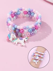 3pcs/Set Girls' Resin Unicorn, Colorful Acrylic Beads Elastic Bracelet Set, Suitable For Daily Wear, Jewelry Gift