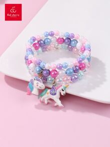 3pcs/Set Girls' Resin Unicorn, Colorful Acrylic Beads Elastic Bracelet Set, Suitable For Daily Wear, Jewelry Gift