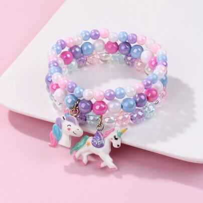 3 Piezas/conjunto De Unicornio De Resina Para Niñas, Conjunto De Brazalete Elástico Con Cuentas De Acrílico Colorido, Adecuado Para Uso Diario, Regalo De Joyería