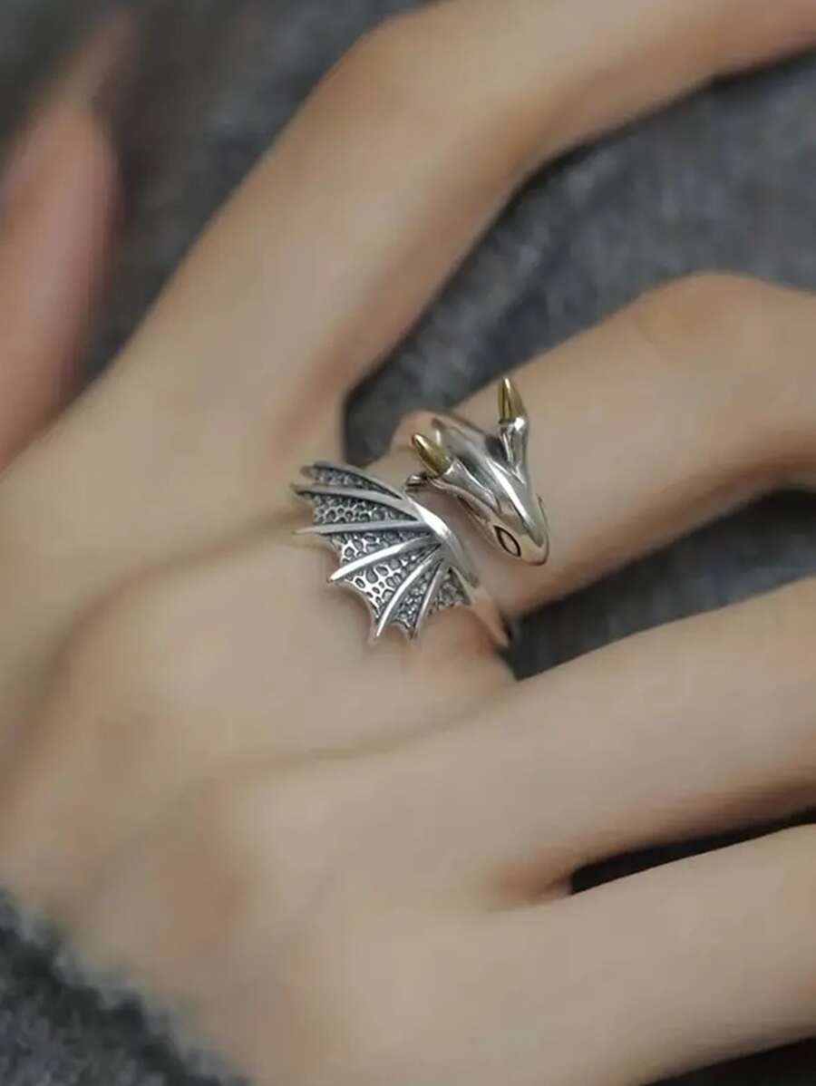 1 Pc Personalized Open Little Flying Dragon Ring For Women & Girls - Silver - View 1