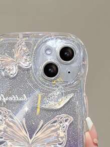 漸變閃粉紫色蝴蝶設計手機殼,附卡槽和可拆卸手繩 - 彩色 - 查看 3