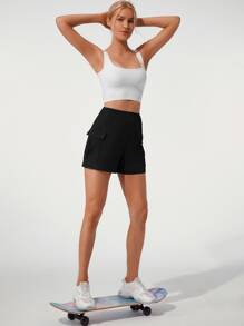Women's High Waist Utility Pocket Running Shorts For Sports - Black - View 2