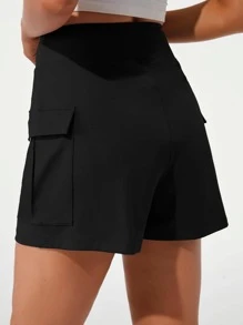 Women's High Waist Utility Pocket Running Shorts For Sports - Black - View 3