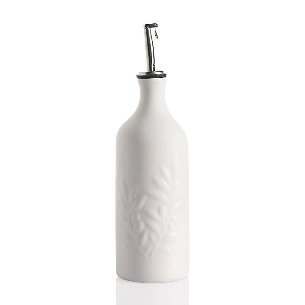 Sweejar Ceramic Olive Oil Dispenser Bottle, 20 Oz Relief Opaque Oil Cruet Protects Oil To Reduce Oxidation, Suitable For Storage Of Oil, Vinegar, Soy Sauce, Coffee Syrup, Liquids, Pack of 1 - 白色 - 查看 1