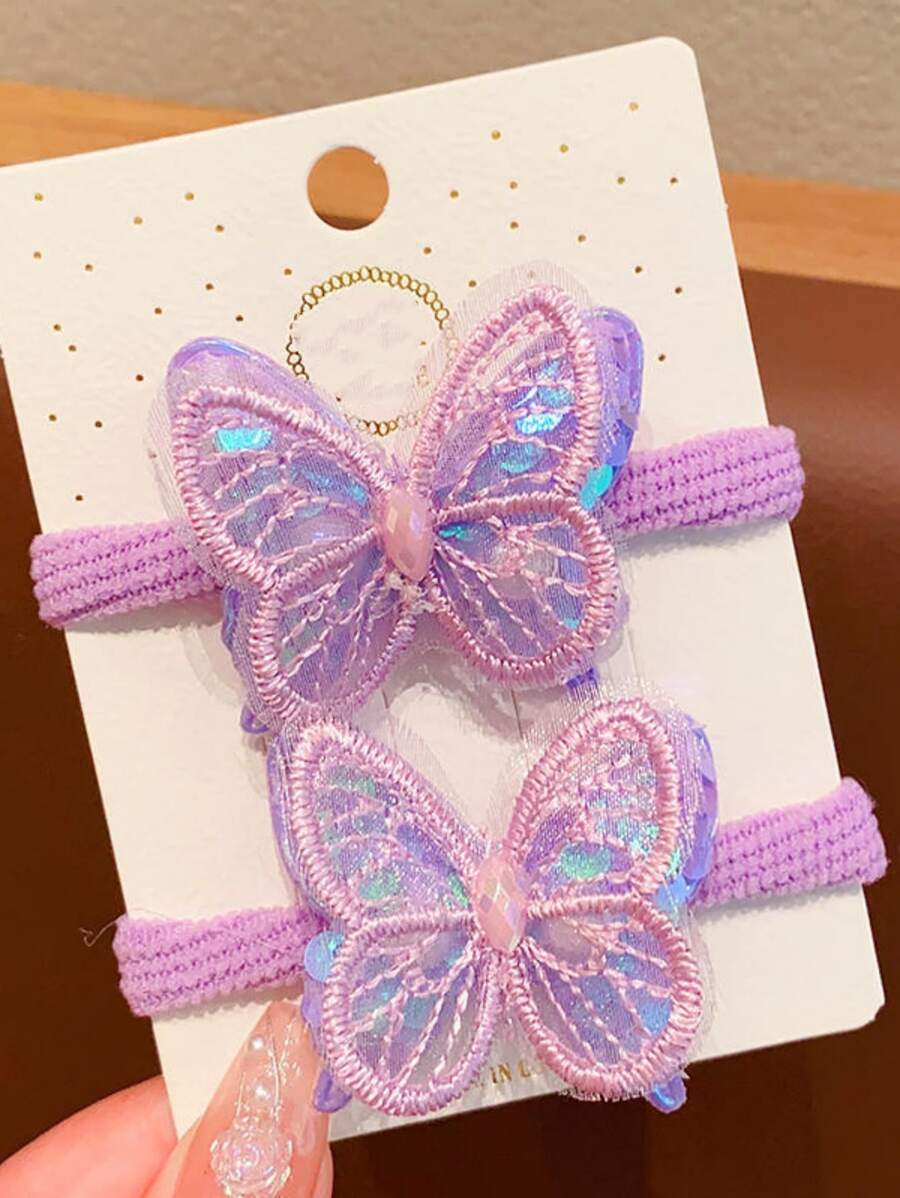 2pcs Girls' Fashionable Sequin Double-Layer Butterfly Hair Scrunchies - Purple - View 1
