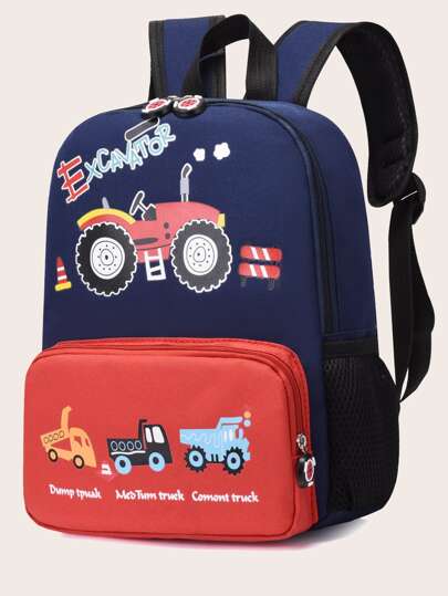 Children's Cartoon Cute Dark Blue Excavator Backpack, Cartoon Car Design, Large-Capacity Backpack, Ideal For Gift-Giving, Suitable For Elementary School Students, Kindergarten Children