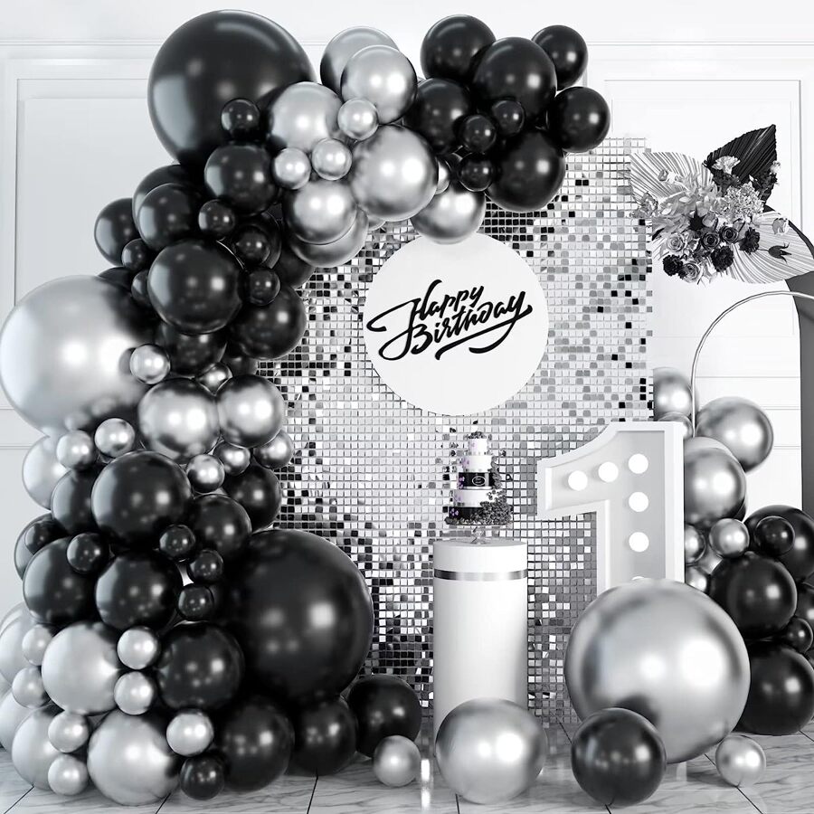 126pcs Black & Silver Balloon Garland Kit With Metallic Chrome Balloons & Latex Black Balloons In Different Sizes For Wedding, Bridal Shower, Birthday, Graduation Party Decorations,Christmas