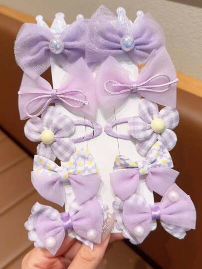 10pcs/Set Cute And Sweet Hair Clips With Faux Pearl, Crown And Bowknot For Girls, For Christmas