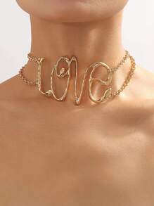 1 Peça Europeu E Americano Estilo Exagerado 'Love' Alfabeto Curto Colar Para Mulheres , Vintage Hiphop Gargantilha - Ouro amarelo - Ver 1