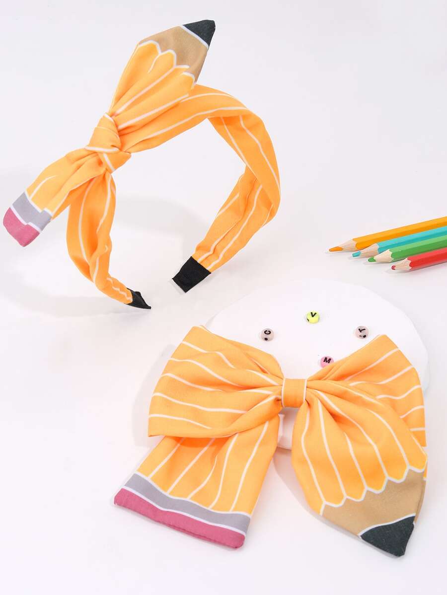 2件套返校铅笔装饰优雅时尚发饰套装，包含发带和发夹，学习用品，礼物 - 彩色 - 查看 1