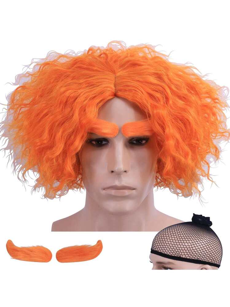 Heat Resistant Synthetic Wig Short Men Mad Clown Curly Wig Adult Orange Cosplay Costume Wigs With Eyebrows Halloween SHEIN