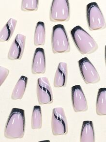 24pcs Upgrade Your Style! Short Coffin Shaped French Pink Nails With Black Edge & Glitter. Suitable For Daily Wear, Parties & Dance Events. Press On Nails Nail Supplies