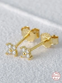 1對3MM金色耳環S925純銀方晶鋯石時尚簡約18K金鍍耳環釘狀首飾迷你女士耳環婚禮派對女士精細首飾類 - 金色 - 查看 1