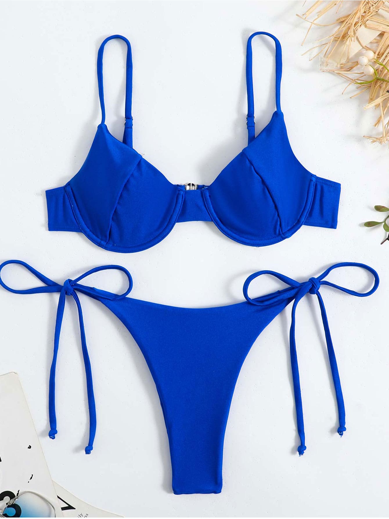 Plain Underwire Tie Side Bikini Set, For Summer Beach Vacation - Royal Blue - View 1