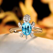 1pc Multicolor Zirconia Sea Turtle Design Ring With Beach Style, Luxury Bride Wedding Ring For Women - Blue - View 2