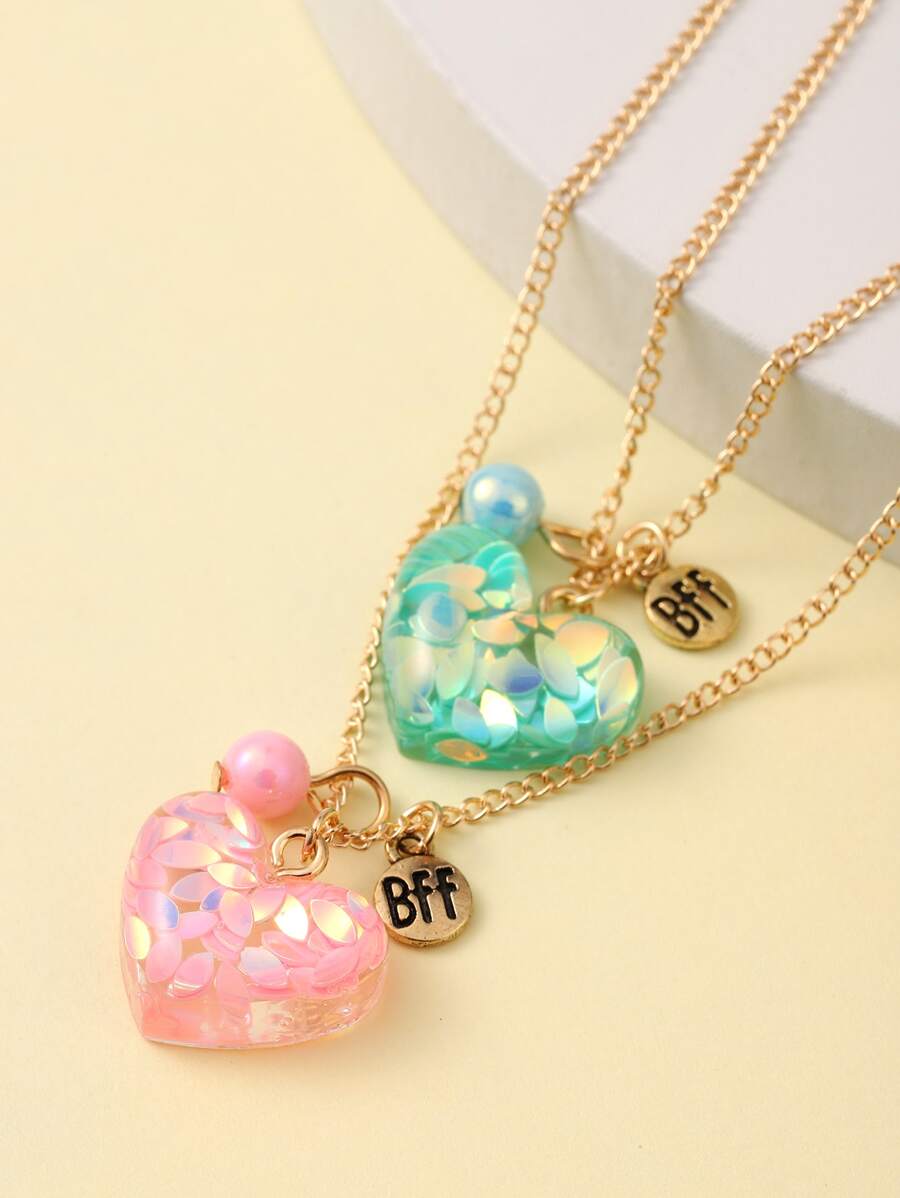 2入組 閃亮愛心形吊墜及人造珍珠摯友項鍊，兒童理想禮物