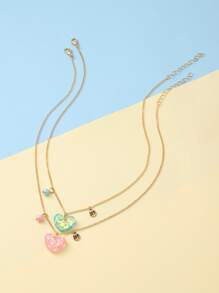 2入組 閃亮愛心形吊墜及人造珍珠摯友項鍊，兒童理想禮物