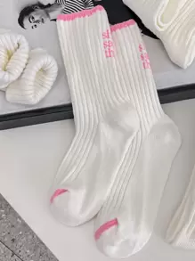 1pair Unisex Mid-calf Socks Double-needle Knitting, Couple's Socks - Pink - View 1