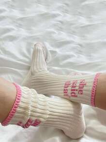 1pair Unisex Mid-calf Socks Double-needle Knitting, Couple's Socks - Pink - View 8