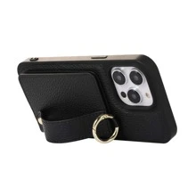 1pc Litchi Pattern Pu Leather Wrist Strap Wallet Card Holder Zipper Mobile Phone Case compatible with iphone - Black - View 4