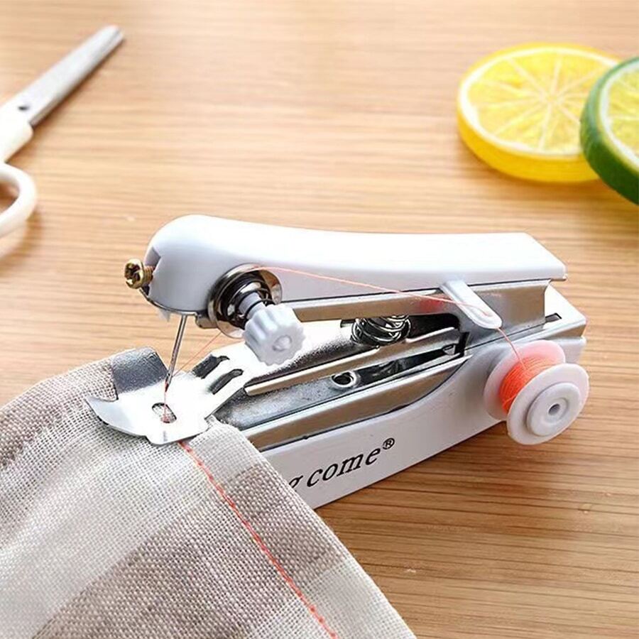 1pc Mini Handheld Sewing Machine Portable Manual Stitch Sewing Machine For Household Fabric - White - View 1