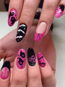 24pcs Short Round Halloween Creative Ghost Pattern False Nail Pieces With 1pc Nail File And 1pc Jelly Glue Included - Multicolor - View 1
