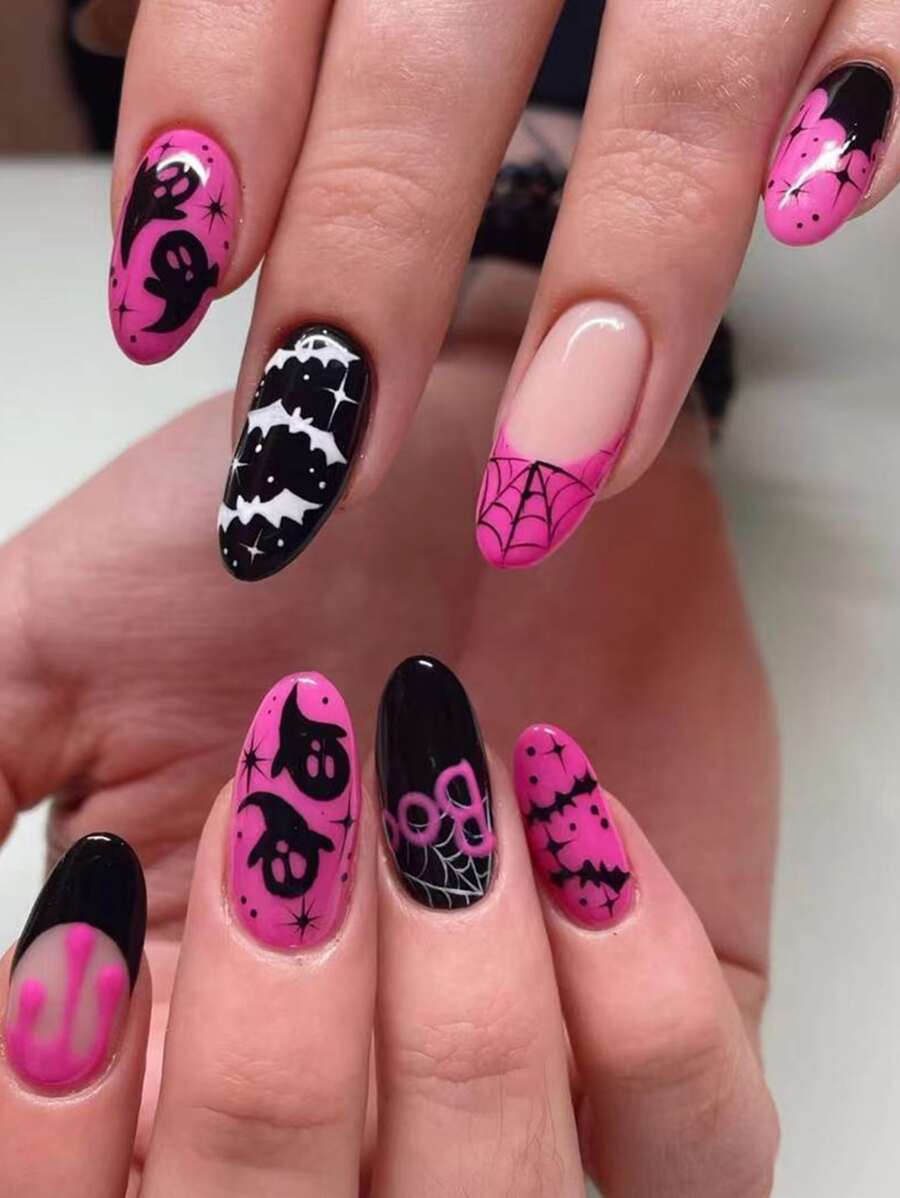 24pcs Short Round Halloween Creative Ghost Pattern False Nail Pieces With 1pc Nail File And 1pc Jelly Glue Included - Multicolor - View 1