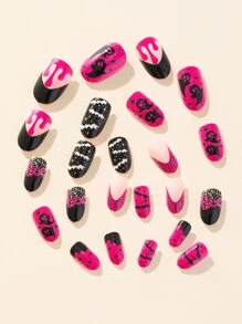 24pcs Short Round Halloween Creative Ghost Pattern False Nail Pieces With 1pc Nail File And 1pc Jelly Glue Included - Multicolor - View 3
