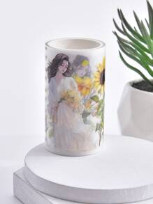 1pc Beautiful & Fashionable Cartoon Girl Designed Washi Tape Sticker With Flower Patterns And Creative Floral Decor For Bullet Journals, Made Of Frosted Pet Material - Yellow - View 3