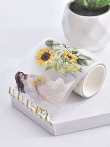 1pc Beautiful & Fashionable Cartoon Girl Designed Washi Tape Sticker With Flower Patterns And Creative Floral Decor For Bullet Journals, Made Of Frosted Pet Material - Yellow - View 1