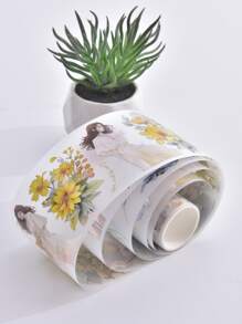 1pc Beautiful & Fashionable Cartoon Girl Designed Washi Tape Sticker With Flower Patterns And Creative Floral Decor For Bullet Journals, Made Of Frosted Pet Material - Yellow - View 6