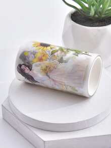 1pc Beautiful & Fashionable Cartoon Girl Designed Washi Tape Sticker With Flower Patterns And Creative Floral Decor For Bullet Journals, Made Of Frosted Pet Material - Yellow - View 4