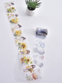 1pc Beautiful & Fashionable Cartoon Girl Designed Washi Tape Sticker With Flower Patterns And Creative Floral Decor For Bullet Journals, Made Of Frosted Pet Material - Yellow - View 2