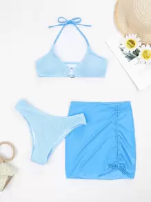 環鏈掛脖比基尼泳裝附沙灘裙 - 藍色 - 查看 1