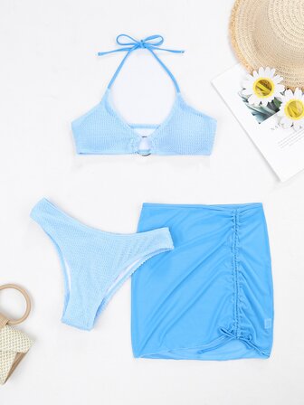 環鏈掛脖比基尼泳裝附沙灘裙