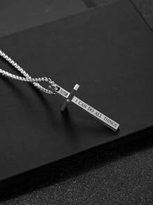 1個時尚朋克風格304不鏽鋼立體切割鋯石鏡面掛墜項鍊,刻有菲立比書信和我能做所有事,適合男士日常佩戴和送禮給男友 - 銀色 - 查看 1