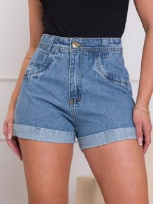 Women Denim Shorts - 淺色水洗藍 - 查看 2