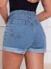 Women Denim Shorts - 淺色水洗藍 - 查看 3