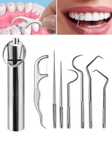 7pcs Stainless Steel Portable Toothpick Set Tooth Gap Hook Needle Dental Floss Pick Tooth Cleaning Tool - Silver - View 1