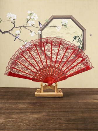 Breezier 1入組單層蕾絲PP裝飾扇,時尚多用途紅色手動扇子