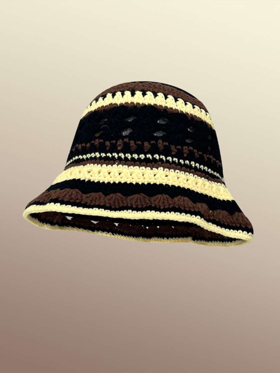 1 Miếng Nhiều màu Sọc Mũ len Với Thiết kế rỗng , Thích hợp Đối với Mặc hàng ngày Và Các hoạt động ngoài trời - màu đen - Xem 1