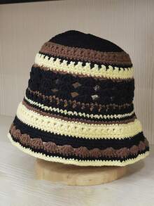 1 Miếng Nhiều màu Sọc Mũ len Với Thiết kế rỗng , Thích hợp Đối với Mặc hàng ngày Và Các hoạt động ngoài trời - màu đen - Xem 3