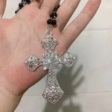 超大號復古黑色人造珍珠和鑽石裝飾項鍊,時尚聲明鎖骨鏈 - 黑色 - 查看 1