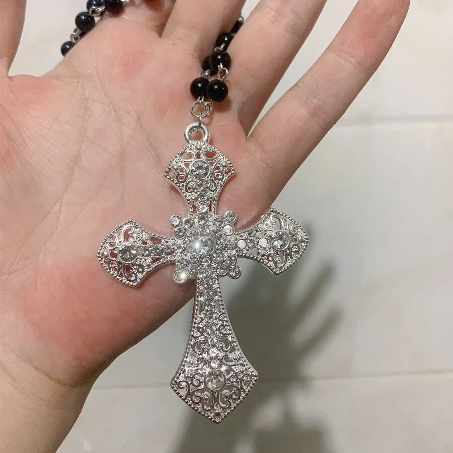 超大號復古黑色人造珍珠和鑽石裝飾項鍊,時尚聲明鎖骨鏈 - 黑色 - 查看 1