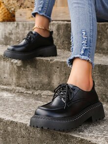 JK風格防水台樂福鞋適合女孩,法國復古學院風低跟牛津鞋,2022新品到貨 - 黑色 - 查看 3