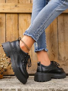 JK風格防水台樂福鞋適合女孩,法國復古學院風低跟牛津鞋,2022新品到貨 - 黑色 - 查看 1