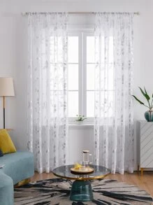 1pc Linen Sheer Curtain With Metallic Foil Leaf Print, Translucent For Bedroom And Living Room - White - View 2
