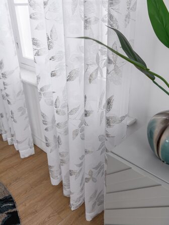1pc Linen Sheer Curtain With Metallic Foil Leaf Print, Translucent For Bedroom And Living Room