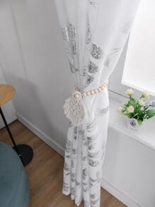 1pc Linen Sheer Curtain With Metallic Foil Leaf Print, Translucent For Bedroom And Living Room - White - View 3